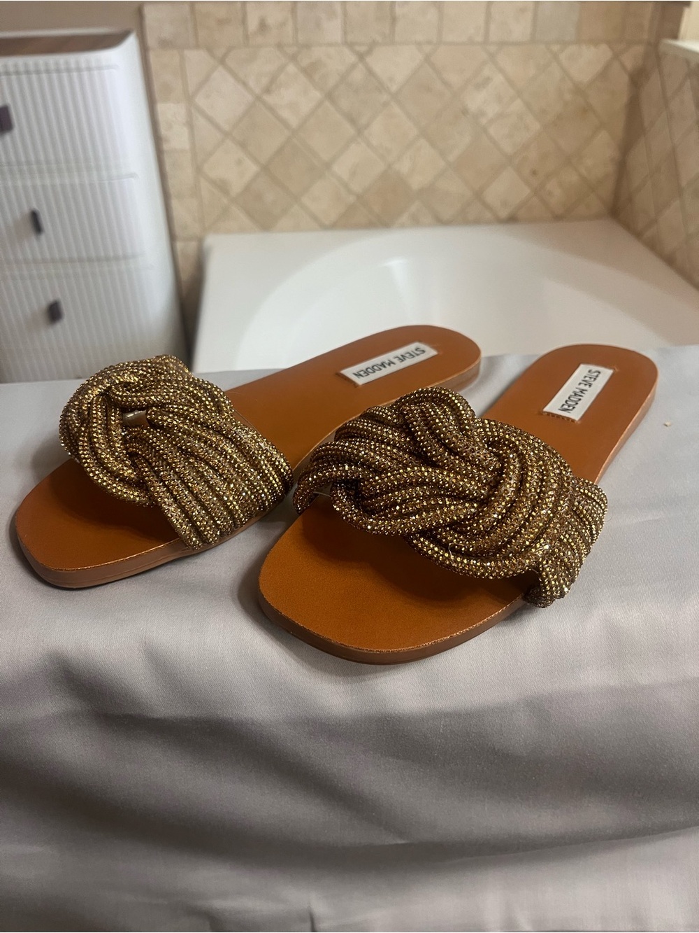 Steve Madden Gold Beaded Knot Slide Sandals - Tan Footbed